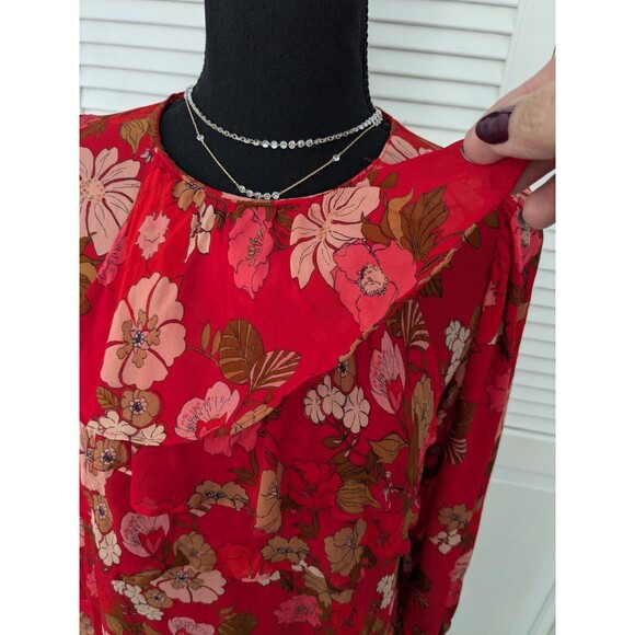 Zara Blouse Womens sz M Red Floral Print Ruffle Sheer Romantic Boho Chic Peasant - Picture 4 of 15
